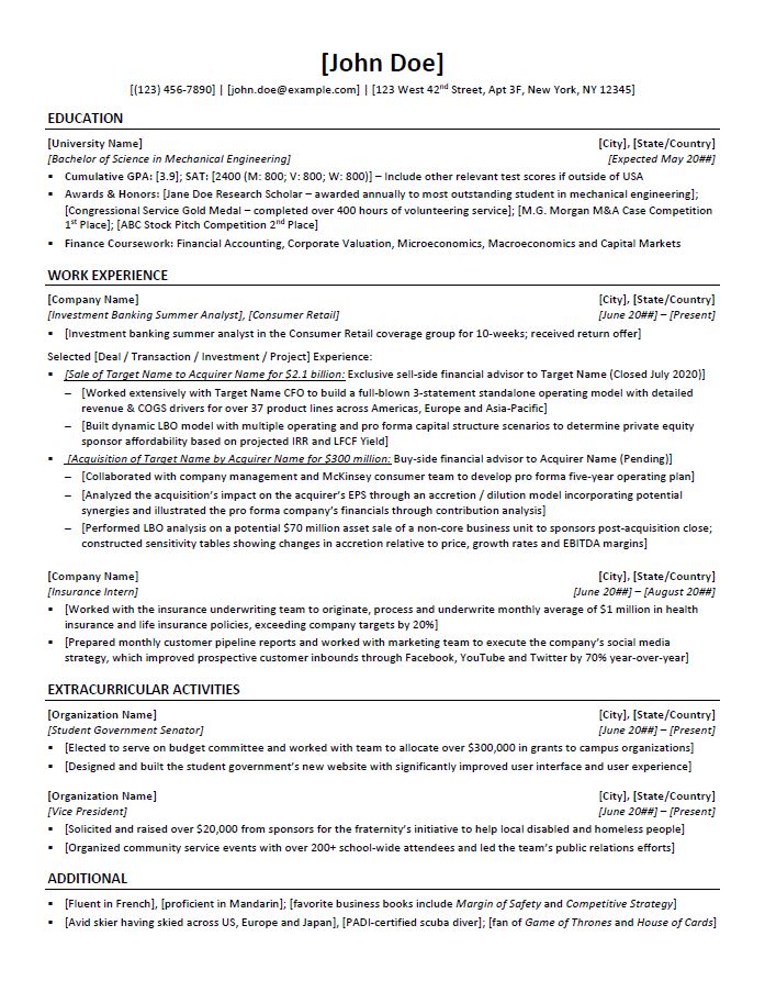 resterende Erfaren person Faktisk Investment Banking Resume Template and Example - 10X EBITDA