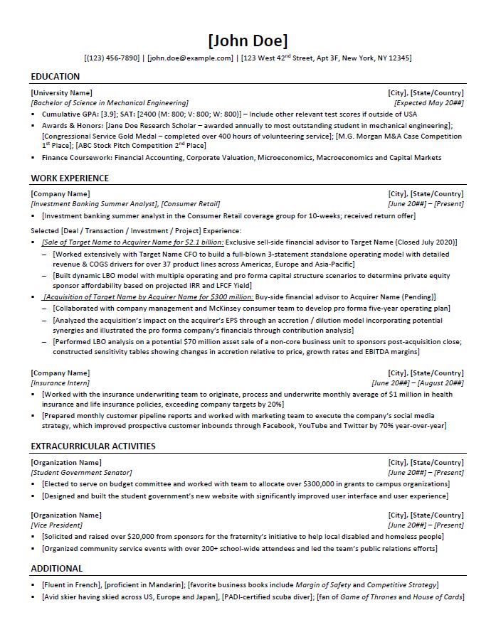 Resume Template Undergraduate from www.10xebitda.com